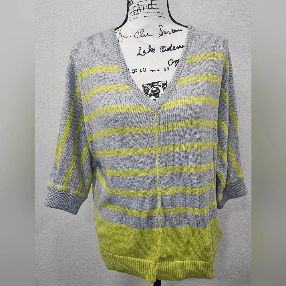 Jcpenney Sweater Pull Over Gray Lime Green Stripped V Neck 3/4 Sleeve Size M